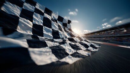 Obraz premium The checkered flag waves victoriously at the finish line on the racetrack.