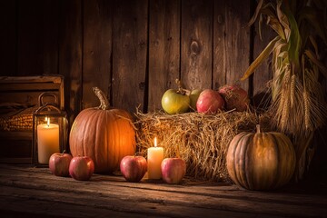 Harvest still life with pumpkins and warm candlelight