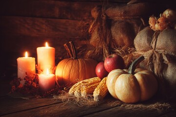 Harvest still life with pumpkins and warm candlelight