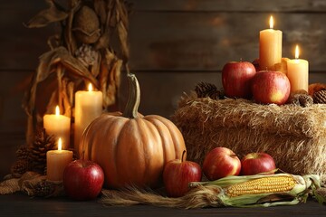 Harvest still life with pumpkins and warm candlelight