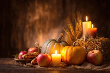 Harvest still life with pumpkins and warm candlelight