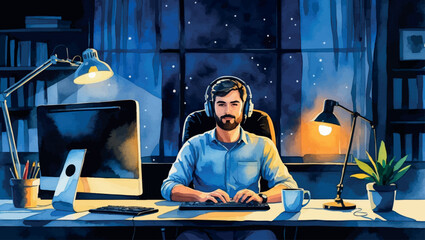 Night coder at desk. Watercolor vector of programmer with glowing screen isolated illustration.