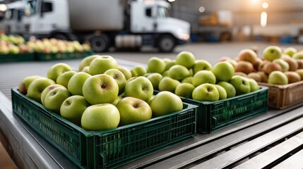 Freshly harvested apples are arranged in green boxes at a loading station on a sunny summer day, with a truck in the background