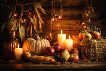 Harvest still life with pumpkins and warm candlelight