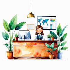 Receptionist at work watercolor. Vector scene with desk and visitor greeting isolated.
