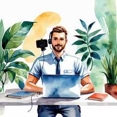 Remote job interview watercolor. Video call setup with laptop and candidate isolated vector.