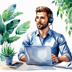 Remote job interview watercolor. Video call setup with laptop and candidate isolated vector.