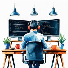 Software developer working. Watercolor vector with code and dual monitors isolated scene.