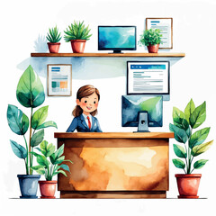Receptionist at work watercolor. Vector scene with desk and visitor greeting isolated.