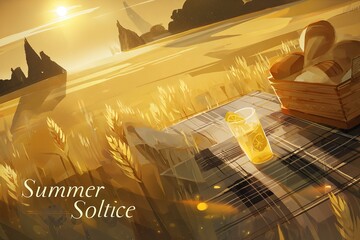 Golden Summer Solstice scene with picnic and wheat fields

