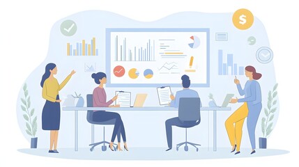 Business team reviewing data in a meeting.