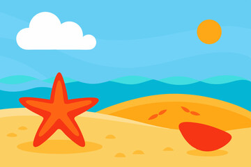 Summer beach scene with starfish and sun