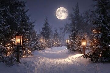 Serene Winter Solstice landscape with snow and moonlight
