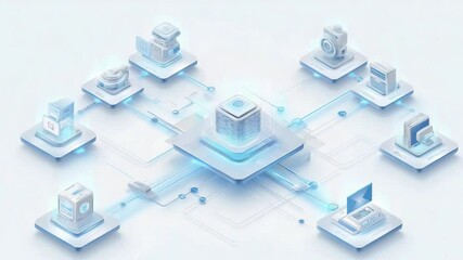 isometric conceptual illustration of a central AI server or data hub connected to various enterprise software icons via glowing circuit lines or bridges, each connected module representing - Powered by Adobe