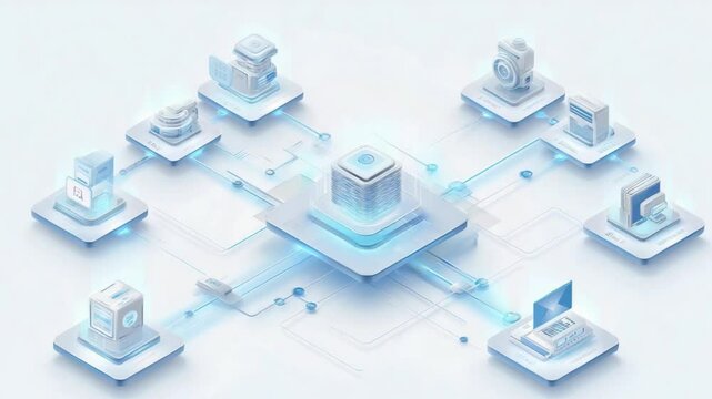 isometric conceptual illustration of a central AI server or data hub connected to various enterprise software icons via glowing circuit lines or bridges, each connected module representing - Powered by Adobe