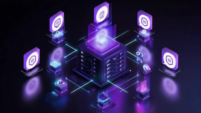 isometric illustration of a futuristic Linux VPS server, glowing cold purple neon lights, surrounded by floating icons symbolizing open-source and innovation, minimal Black background, gla