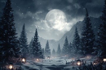 Serene Winter Solstice landscape with snow and moonlight
