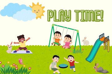 Colorful children's playground illustration with multi race kids playing, animals, swing, slide, and happy sun. Perfect for preschool, nursery, activity books, posters, and educational content.