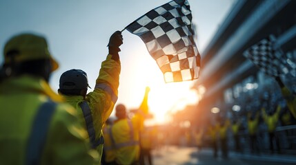 A racetrack marshal waves the checkered flag in celebration of victory on a sunny day.
