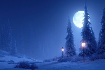 Serene Winter Solstice landscape with snow and moonlight
