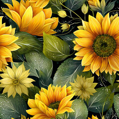 A vibrant seamless floral pattern featuring bold yellow sunflowers and rich green leaves in a glossy, airbrushed style on a dark artistic background. Perfect for fabric prints, home decor, packaging, 