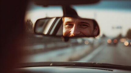 A happy man's reflection in a car mirror captures a moment on the road.