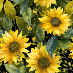 A vibrant seamless floral pattern featuring bold yellow sunflowers and rich green leaves in a glossy, airbrushed style on a dark artistic background. Perfect for fabric prints, home decor, packaging, 