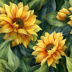 A vibrant seamless floral pattern featuring bold yellow sunflowers and rich green leaves in a glossy, airbrushed style on a dark artistic background. Perfect for fabric prints, home decor, packaging, 