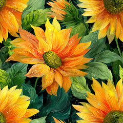 A vibrant seamless floral pattern featuring bold yellow sunflowers and rich green leaves in a glossy, airbrushed style on a dark artistic background. Perfect for fabric prints, home decor, packaging, 