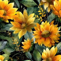 A vibrant seamless floral pattern featuring bold yellow sunflowers and rich green leaves in a glossy, airbrushed style on a dark artistic background. Perfect for fabric prints, home decor, packaging, 