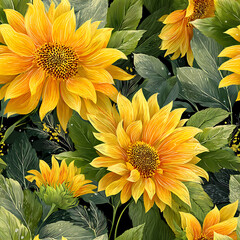 A vibrant seamless floral pattern featuring bold yellow sunflowers and rich green leaves in a glossy, airbrushed style on a dark artistic background. Perfect for fabric prints, home decor, packaging, 