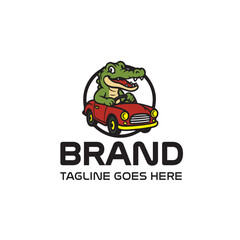 Cartoon alligator driving a red car logo