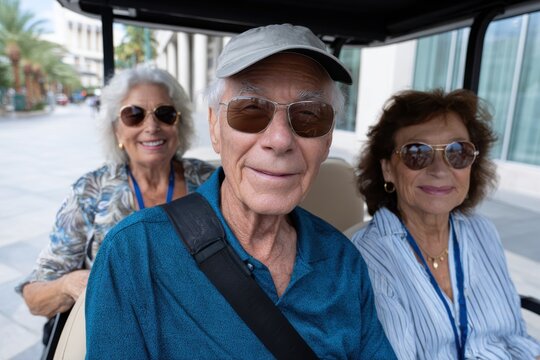 A cheerful trio of elderly friends enjoy a ride in a golf cart, emphasizing the importance of friendship and joy in the golden years of life. - Powered by Adobe
