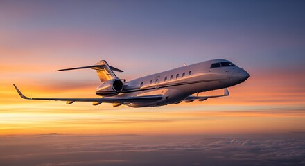 Obraz premium Private Jet Flying Through a Colorful Sky at Sunset Above the Clouds