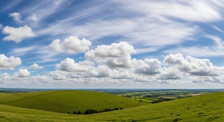 Fototapeta premium Rolling Green Hills Landscape with Beautiful Cloudy Blue Sky Panorama