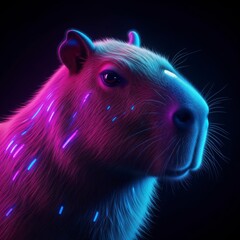 A futuristic or cyberpunk-style capybara portrait, with glowing neon fur and bioluminescent details in pink and blue
