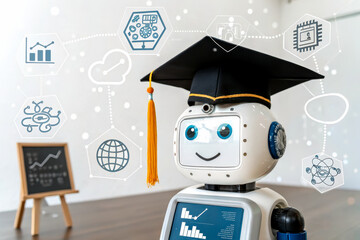 A small robot wearing a graduation cap stands in a classroom setting with educational icons floating around, symbolizing AI learning and technology in education.