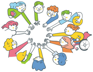 手を差し伸べ合うグローバルな大勢の小学生たち　ストックイラスト素材
