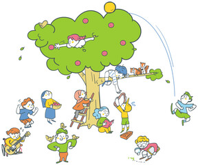 大きな木の周りで楽しく遊ぶ子供たち　ストックイラスト素材
