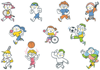 様々なスポーツに励む小学生たち　セットのストックイラスト素材
