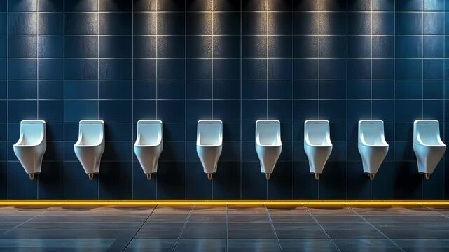 Row of urinals in a modern, dark blue tiled restroom
