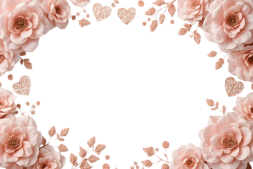 Pink rose frame with glitter hearts and leaves