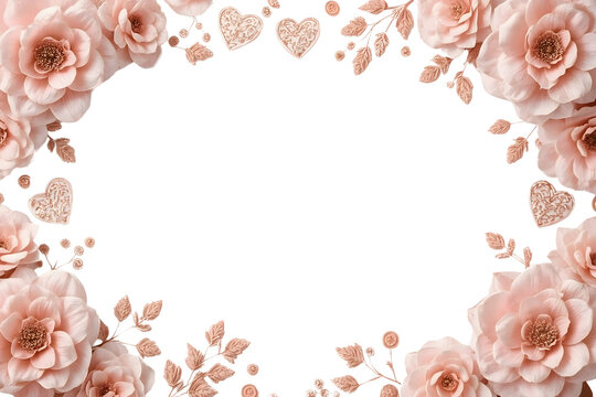 Pink rose frame with glitter hearts and leaves - Powered by Adobe