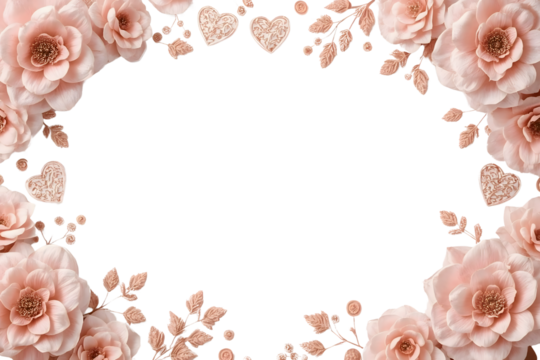 Pink rose frame with glitter hearts and leaves
