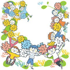 円を描くようにポンポンを振って応援する小学生たち　ストックイラスト素材
