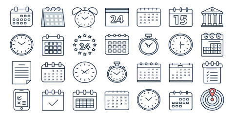 Monochrome Line Icon Set of Time Scheduling and Planning Tools

