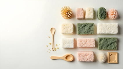 overhead flat lay of a meticulously organized natural wellness and grooming collection
