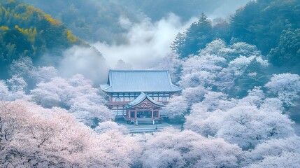 A serene temple nestled amidst a sea of cherry blossoms.