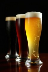 Cheers to the Trio: A trio of stemmed glasses showcases a variety of craft beer styles, each brimming with golden hues, frothy foam, and refreshing bubbles.