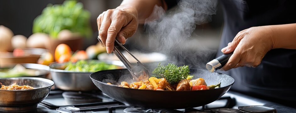 A hand stirs food in a black wok over a gas stove in a bustling commercial kitchen, showcasing the cooking process